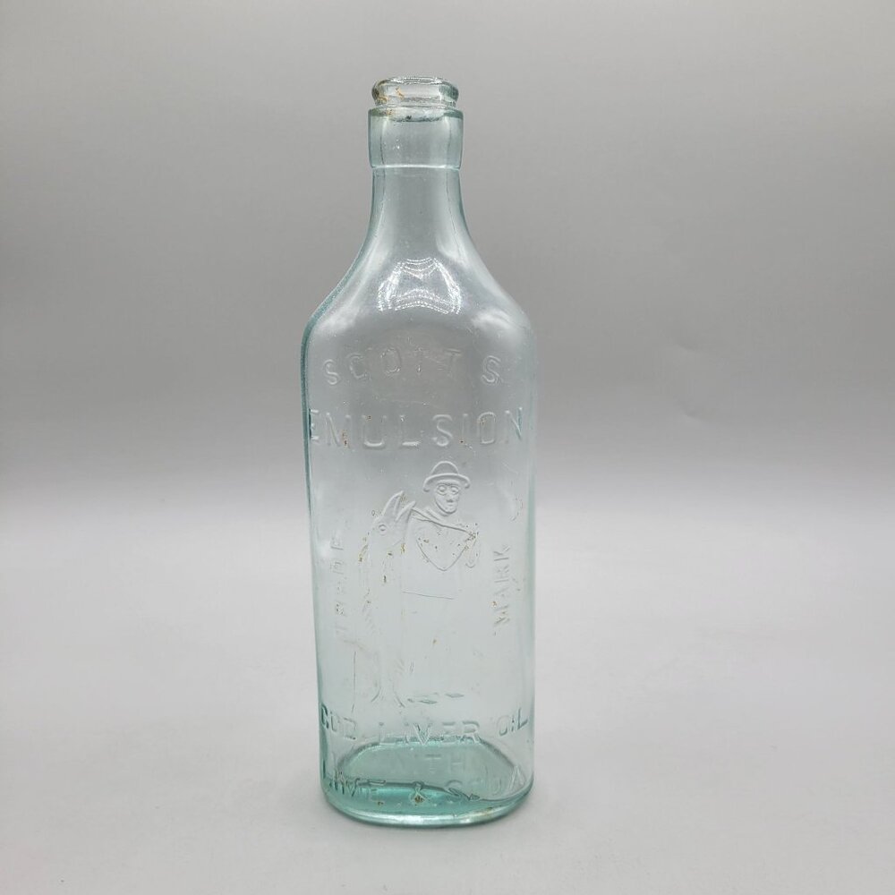 Antique Scotts Emulsion Cod Liver Oil Aqua Glass Bottle 9.5 Inches Tall